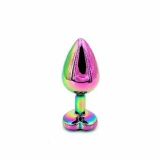 Feast your eyes on an image of Rainbow Princess Heart Shaped Jewel Three Steel Plug Set Men, displaying the dimensions of each plug in the set, from small to large, for customizable comfort.