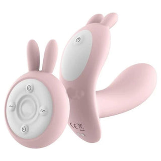 Featuring an image of Naughty Discreet Bunny Vibrator Remote Quiet Underwear Wearable in blue, pink, and purple silicone material with dimensions of 4.29 inches in length and 1.30 inches in diameter.