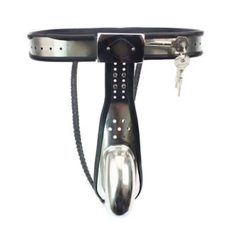 What you see is an image of Locked Down Penis Chastity Belt, made of polished stainless steel with black silicone lining.