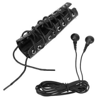 You are looking at an image of Leather Sleeve Penis Electro Torture Instrument highlighting the premium leather material and adjustable power control for tailored experiences.
