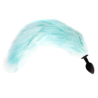 Image of Flexible Silicone LED Fox Tail Butt Plug with light blue fur tail and black silicone plug.