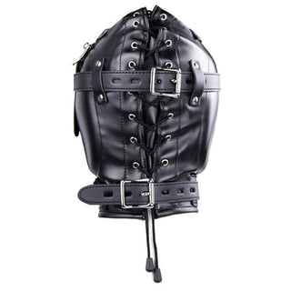 Image of Black Leather Mask showcasing adjustable lace locking system.