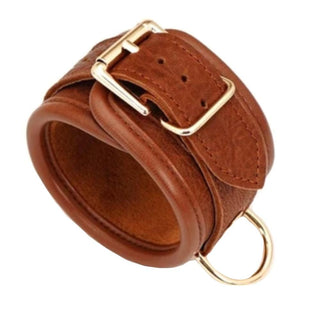Displaying an image of Super Fancy Strap Ankle Leather Bar With Cuffs, crafted from premium metal and luxurious brown PU leather for intense and safe bondage play.