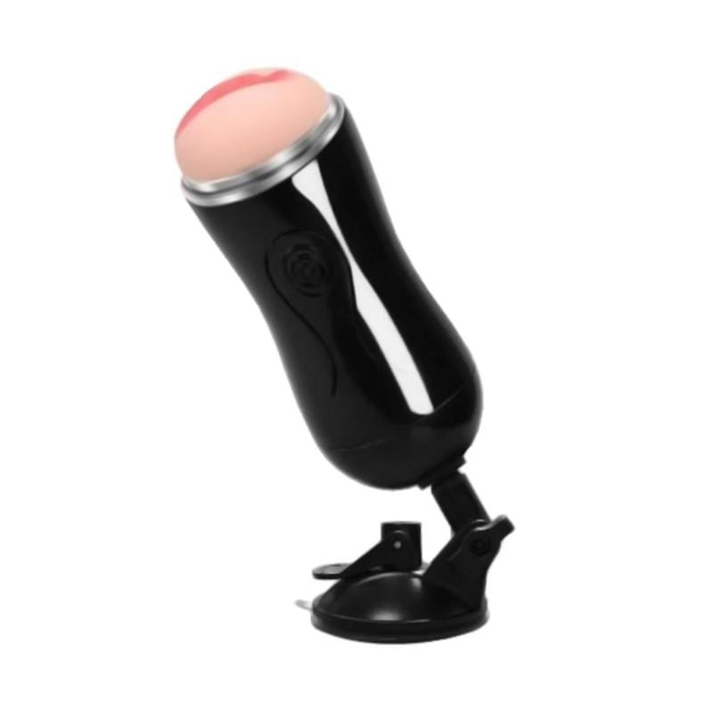 This is an image of Lifelike Feel Blowjob Hands Free Masturbator Male Toy with a sturdy, removable base for hands-free pleasure.