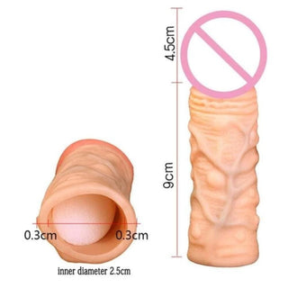 Presenting an image of Instant Growth Natural Silicone Penis Sleeve Penis Extender showcasing the extension and dimensions for a comfortable fit.