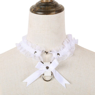 Take a look at an image of Sexy Fantasy Lace Collar Non-O Ring Choker in elegant white lace with adjustable fit and D-ring for accessories.