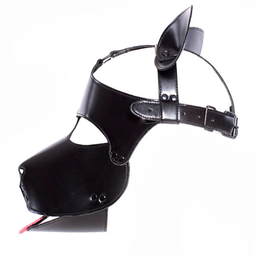 Racy Pup Black Leather Puppy Hood, a luxurious dog mask made of premium PU Leather with a buckle closure for secure wear.