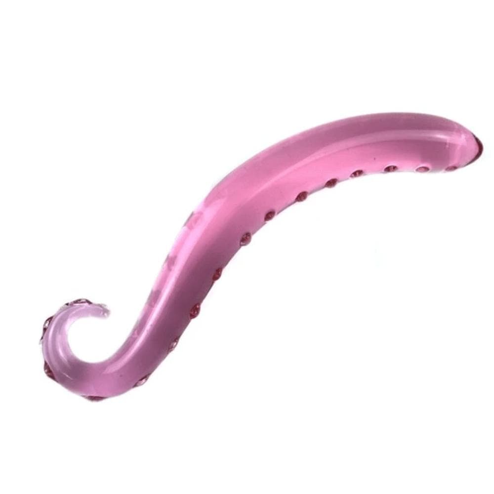 Check out an image of Pink Tentacle Masturbator Glass Dildo with ribbed shaft and octopus-inspired design.