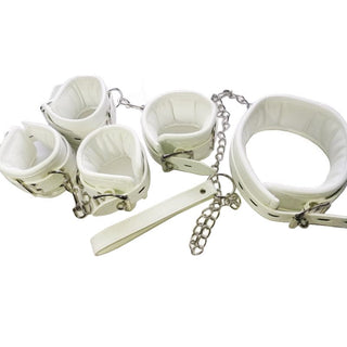 Set of elegant white leather restraints for enhancing intimate moments.