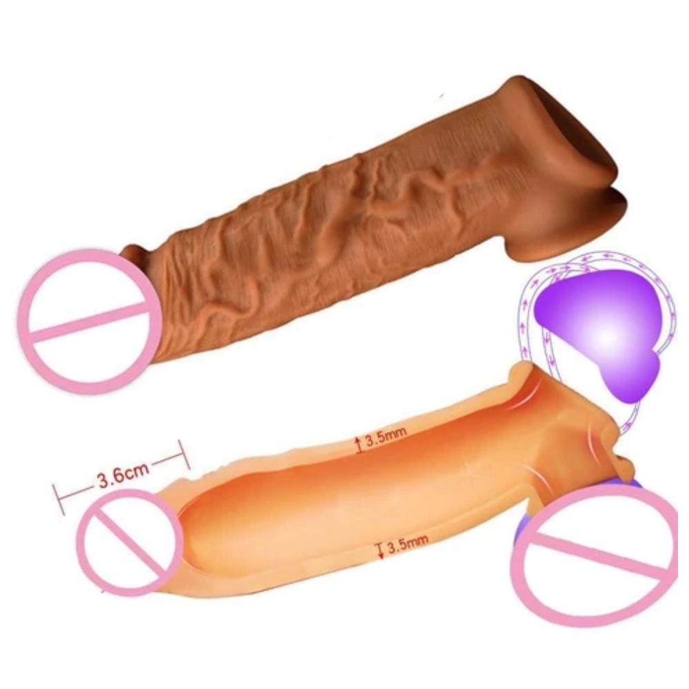 Bigger Fantasies Penis Enlarger Sleeve with bulbous glans and veiny texture for a sensual massage experience.