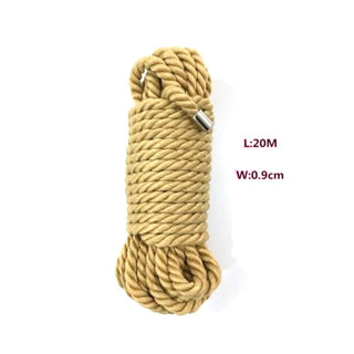 Observe an image of the brown bondage rope hogtie, emphasizing its easy cleaning process and storage instructions.