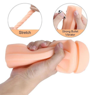 View of Lifelike Feel Blowjob Hands Free Masturbator Male Toy with dimensions of 8.2 inches in length and 3.1 inches in width for a satisfying experience.
