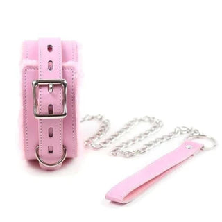 In the photograph, you can see an image of Cute Female Human Submissive BDSM Pet Collar Fetish and leash set with synthetic leather, metal, and polyester materials.