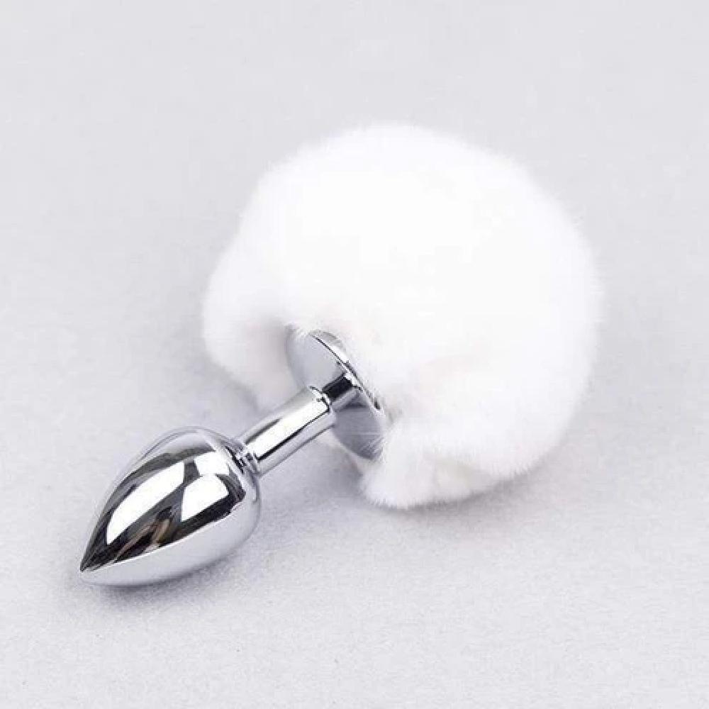 A picture of Cute and Fluffy Bunny Tail Butt Plug 3 Inches Long highlighting the durable stainless steel material and customizable size options.