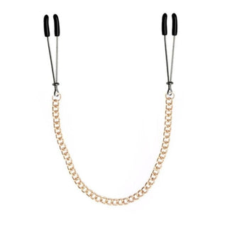 In the photograph, you can see an image of Gold Chained Tweezer Nipple Clamps featuring a stunning gold chain for balanced stimulation.