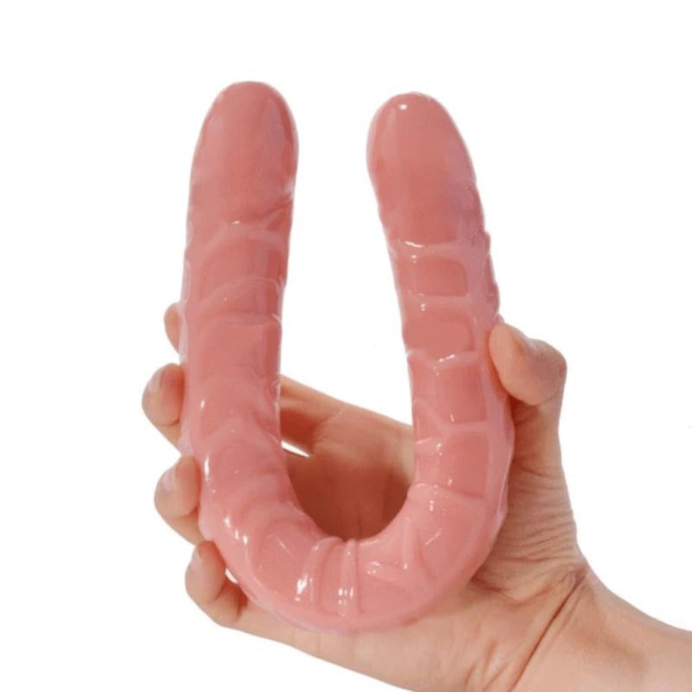View the Meaty and Shiny 13 Inch Double Ended Dildo, a silicone toy with prominent veins for heightened sensitivity.