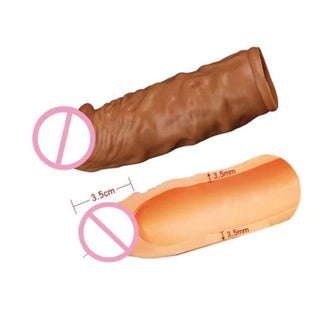 What you see is an image of Bigger Fantasies Penis Enlarger Sleeve offering lengths from 4.13 inches to 6.26 inches for a snug fit.