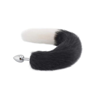 This is an image of 18-Inch Black with White Fox Tail Plug Stainless Steel, highlighting the body-safe, hygienic, and durable materials used - premium faux fur for the tail and stainless steel for the plug.