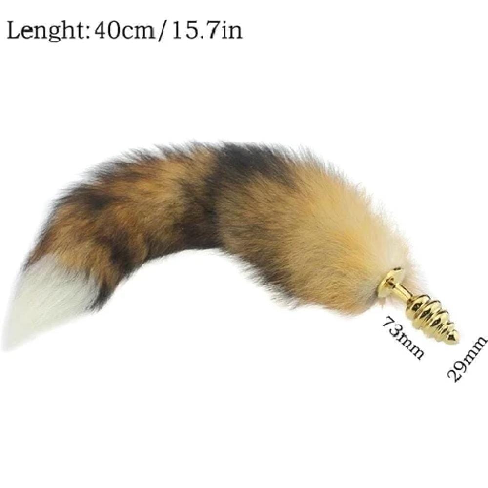 Here is an image of Brown Faux Fur Metallic Cat Tail Fox Tail Plug with Golden Thread Style Plug, 15 Inches Long