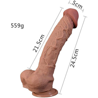 An illustration of Girthy 10 Inch Bareskin Long Silicone Cyberskin Suction Cup Dildo with 2 wide head for maximum pleasure.
