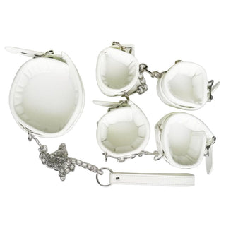 Fashionable Fur Wrist Thigh Ankle Cuffs in White Leather for exploring dominance and submission.