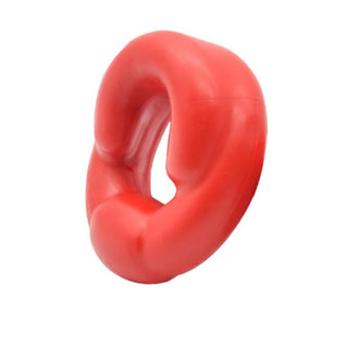 Comfortable and snug red silicone cock and ball ring for heightened pleasure.
