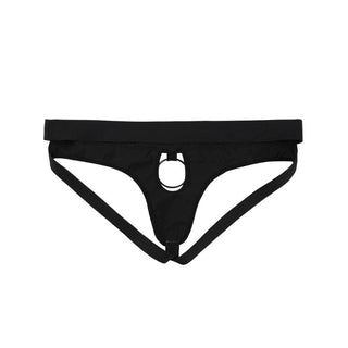 Observe an image of the durable and alluring material blend of Faux Leather, Polyester, Spandex, and Metal in the strap-on ring.