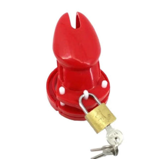 A picture of a lightweight and durable plastic chastity device in red