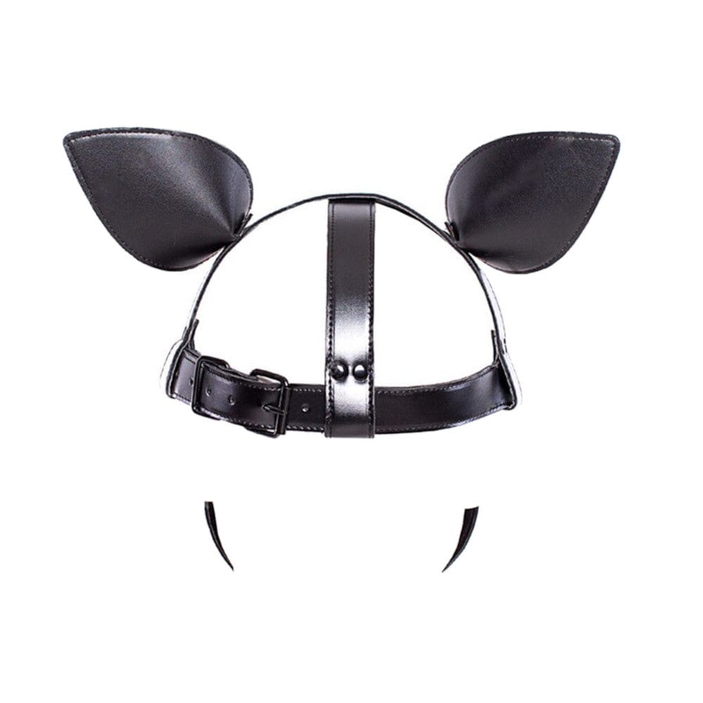 View the image of Racy Pup Black Leather Puppy Hood, a chic and sophisticated mask perfect for intimate moments and fetish costume parties.