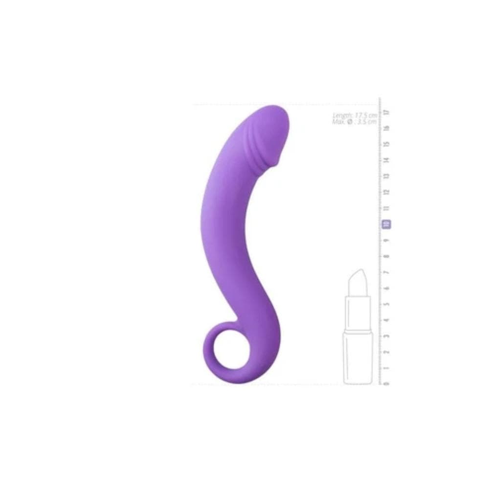 A purple silicone dildo image measuring 5.31 inches in length and 1.34 inches in width for G-spot or prostate stimulation, with a smooth shaft for sensual insertion.