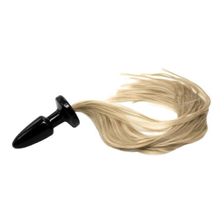 Featuring an image of Silky Blonde Horse Tail Plug 22 Inches Long with 22 inches of silky blonde tail and a 4-inch silicone plug.