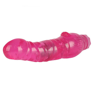 In the photograph, you can see an image of Soft Pink Jelly Large Vibrator showcasing its curved round head for G-spot stimulation.