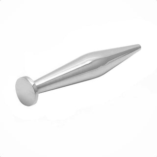 Silver solid plug for urethral play, 2.87 inches in length and 0.43 inches in width.