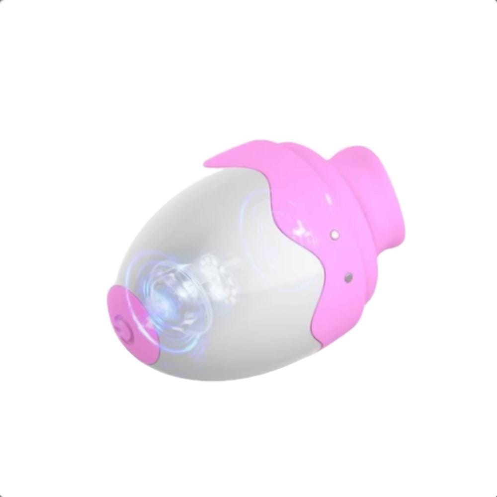Rose red egg-shaped sex toy with simulated tongue and small bumps for added sensation.