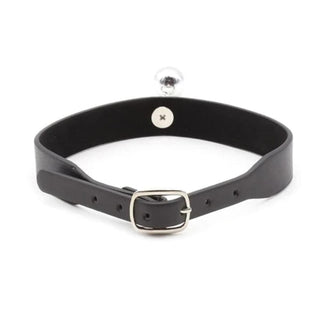 Faux Female Leather Puppy Play Collar with bell, designed for dominance and submission play.