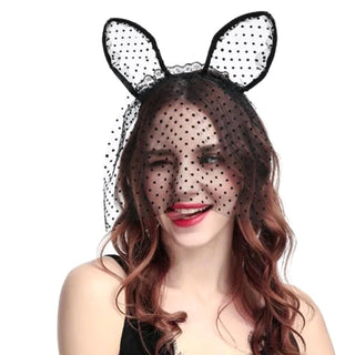 A detailed image of the dimensions of Playmate Fantasy Lace Bunny Mask, including the 0.71-inch headband width and 3.54-inch ear width for a bold silhouette.