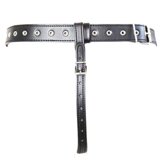 Leather Strap on Cock Ring Harness in black color designed for BDSM role-play.