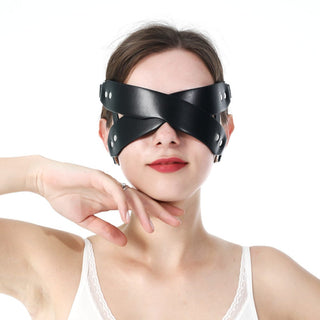 Deluxe Leather Sex Blindfold featuring adjustable belt-like mechanism for secure fit.