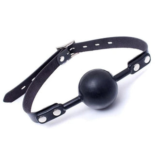 A picture of a BDSM gag designed for control and dominance, featuring PU leather straps and a tasteless silicone ball.
