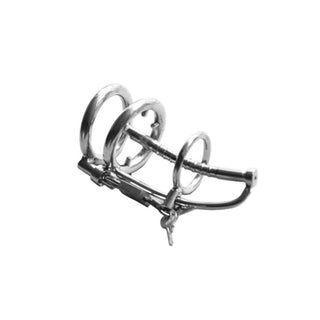 View of a stainless steel Urethral Chastity Cock Cage with a 3.54-inch catheter, perfect for short and long term use.