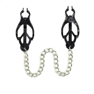 A visual representation of the dimensions of the Black Butterfly Nipple Clamps with Chain - 3.54 length, 1.46 width, and 12.60
