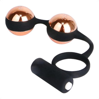 What you see is an image of Vibrating Personal Trainer Weighted Ring with silicone ring-pull and weighted metal balls for pleasure and performance enhancement.
