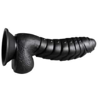 What you see is an image of Scaly 6 Inch Silicone Suction Cup Dragon Dildo Male With Testicles in lava-streaked red and black color.
