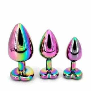 Displaying an image of Rainbow Princess Heart Shaped Jewel Three Steel Plug Set Men, featuring meticulously crafted stainless steel plugs with heart-shaped bases for safe handling.