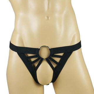 Feast your eyes on an image of the Crotchless Ring Harness in black color for a hands-free experience during intimate moments.