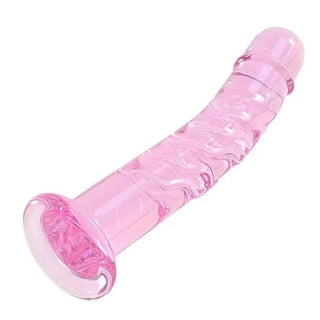 This is an image of Glassy Bestie Crystal Pink Dildo Anal Sex Toy Female, a shatter-proof borosilicate glass wand perfect for intimate play.