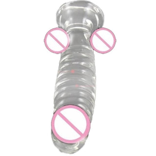 A picture of the borosilicate glass dildo with ribs for textured pleasure and a curved head for precise stimulation.