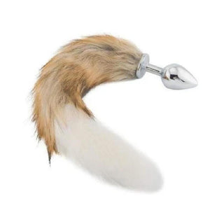 A visual stimulant and intimate accessory, this image showcases the stainless steel plug and faux fur tail of the fox tail plug.