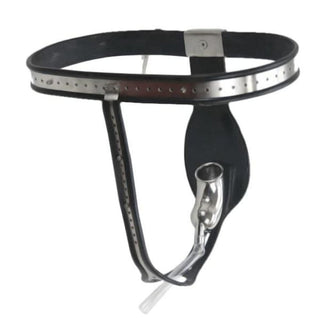Stylish black and silver chastity belt made from silicone and stainless steel.