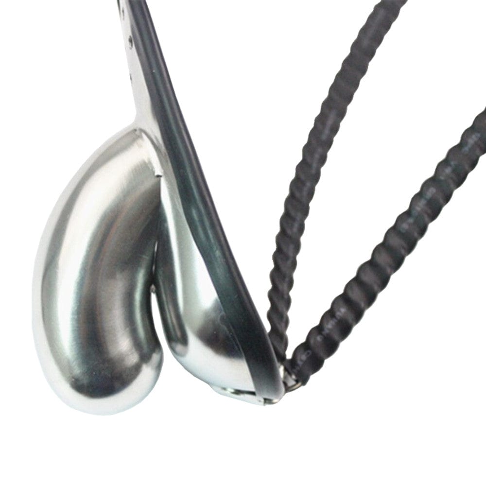Feast your eyes on an image of the body-safe Locked Down Penis Chastity Belt in black and silver colors for safe and sensuous play.